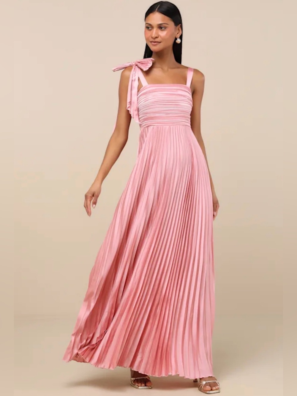 Lulus Gorgeous Purpose Pink Satin Pleated Sleeveless Bow Maxi Dress Size 1X - Picture 4 of 7